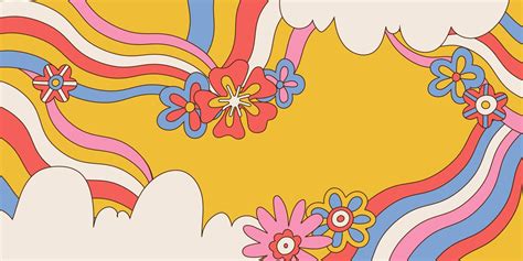 Retro groovy background with clouds. flowers and wavy rainbows. Bright colors, vintage cute ...