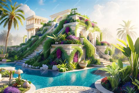 Premium AI Image | Babylonian ziggurat with hanging gardens with lots ...