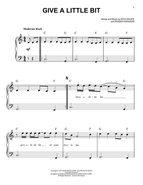 Give A Little Bit Sheet Music | Supertramp | Very Easy Piano