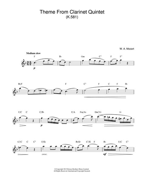 Theme From Clarinet Quintet, K581 sheet music by Wolfgang Amadeus ...