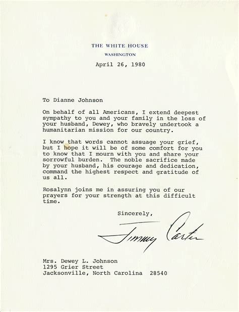 Jimmy Carter Iran Hostage Crisis Condolence Letter