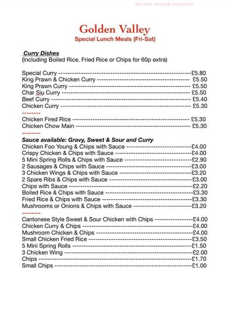 Menu at The Golden Valley fast food, Burnhope, 12 Front St