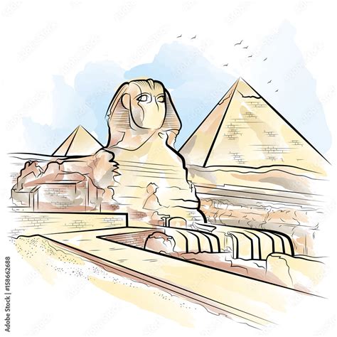 Drawing color pyramids and Sphinx in Giza, Egypt. Vector illustration ...