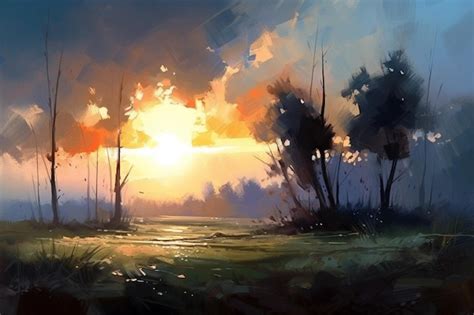 Premium AI Image | A painting of a sunset in the forest