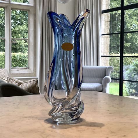 Tall cobalt blue spiral crystal vase by Val Saint Lambert in Antique Coloured Glass