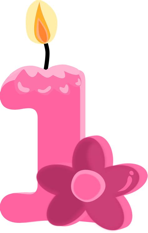 Pink one 1 number happy birthday candle and flower PNG illustration. 24223231 PNG