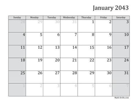 2043 Monthly Calendar