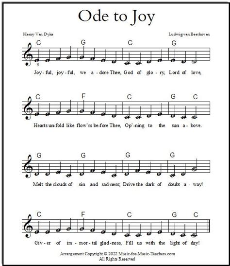 Ode to Joy piano sheet music EASY, with lyrics. At Music-for-Music ...