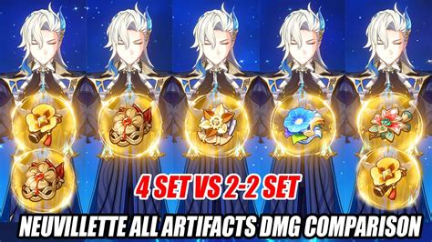 Neuvillette All Artifacts DMG Comparison - Marechaussee Hunter vs HOD vs Wanderer vs Mix Set ...