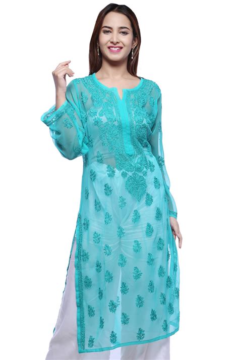 Buy Lucknow Chikan Blue Kurti Faux at Lowest Price ...