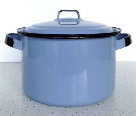 Vintage Blue Enamel Saucepan Large Stock Pot w/ Lid & Handles Light Dark Blue | Vintage lighting ...