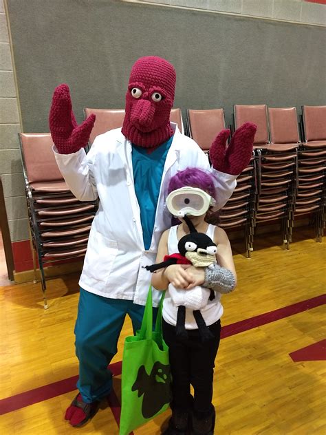 Freehanded my Dr Zoidberg costume for Halloween '17. Crocheted Nibbler for my daughter's Leela ...