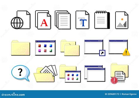 Old Computer Icons. Retro Pixel Signs. Yellow Folders and White Sheets of Documents. Isolated ...