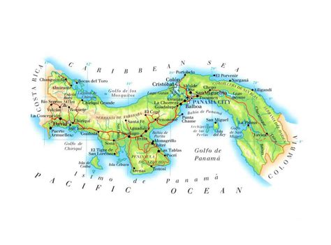 Detailed elevation map of Panama with roads, cities and airports ...