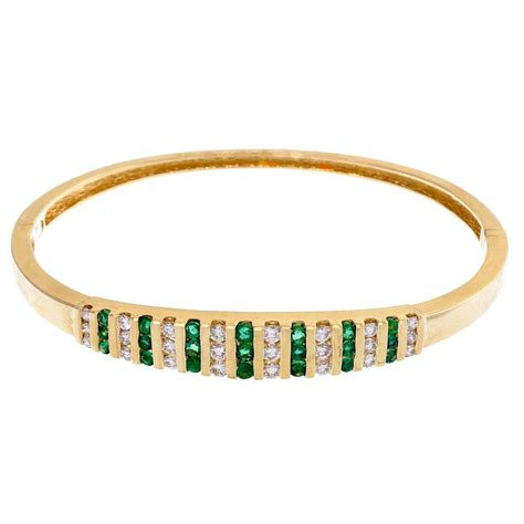 Emerald Diamond Gold Hinged Bangle Bracelet at 1stDibs | emerald and diamond bangle bracelet