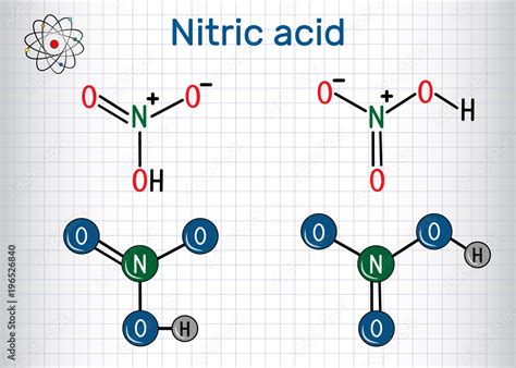 Nitric acid (HNO3) molecule . It is a highly corrosive mineral acid. Structural chemical formula ...