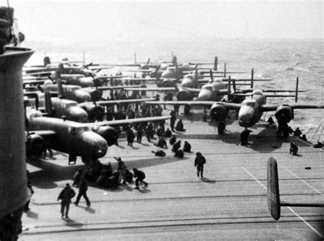 Doolittle Raid, April 18, 1942. B-25’s on flight deck of USS Hornet (CV-8) en-route to Tokyo ...