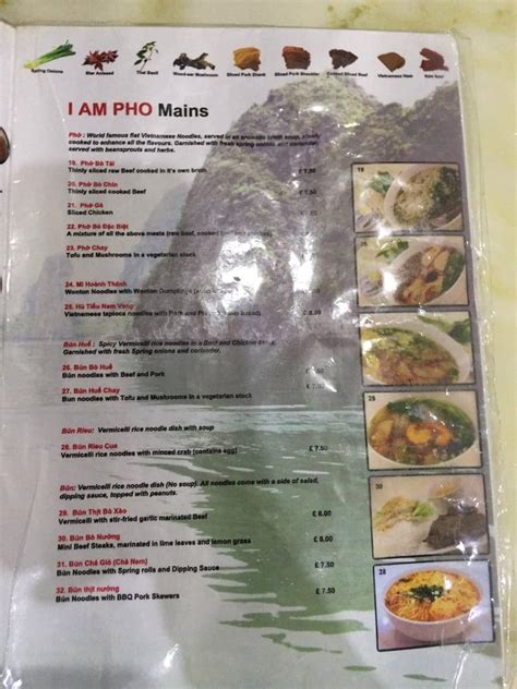 Menu at I Am Pho restaurant, Manchester