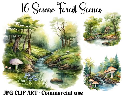 Serene Forest Scenes Watercolor Clipart, Digital/paper Craft, Instant Download Seasonal Nature ...