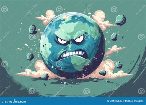 Angry Earth Planet Character With Volcanoes Erupting, Cute Globe With ...