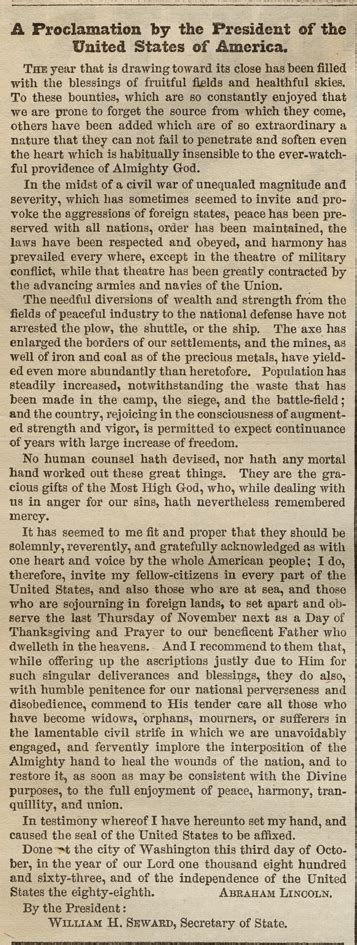 Thanksgiving Proclamation, 1863 | Gilder Lehrman Institute of American ...