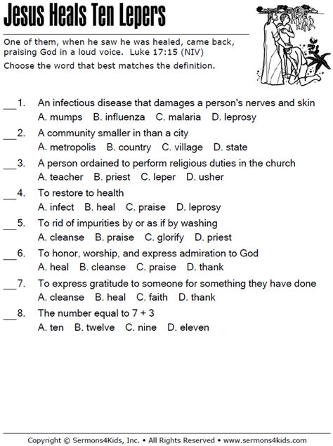 Jesus Heals Ten Lepers Multiple Choice | Sermons4Kids