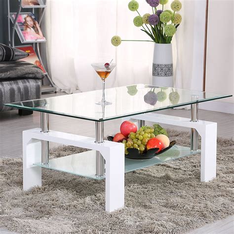 Uenjoy Rectangular Glass Coffee Table Shelf Chrome White Wood Living ...
