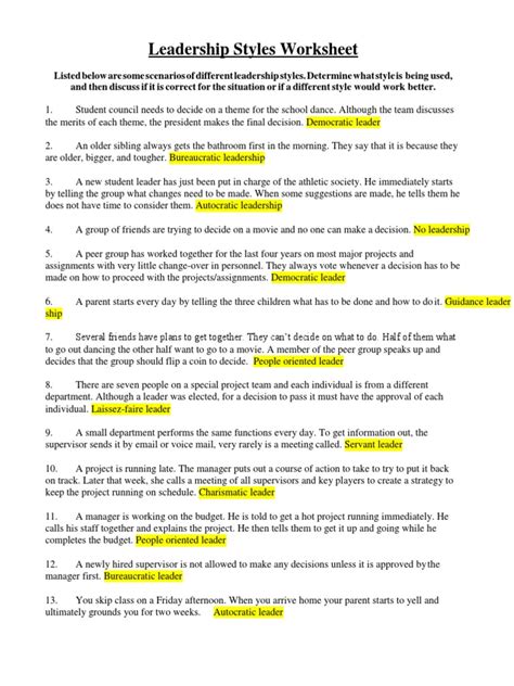 Leadership Styles Worksheet | PDF | Leadership | Business