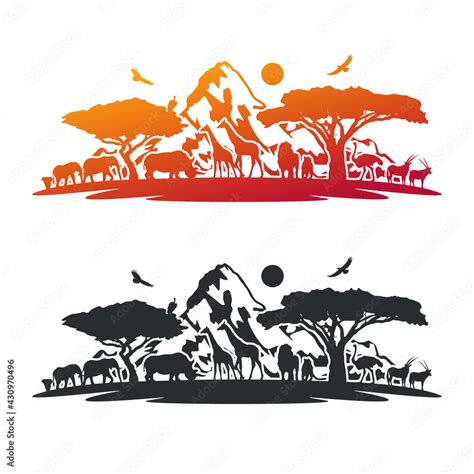 African Safari Animals Landmark Silhouette Illustration. Animal Kingdom Vector Design Wild Life ...