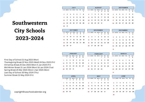 Southwestern City Schools Calendar with Holidays 2023-2024