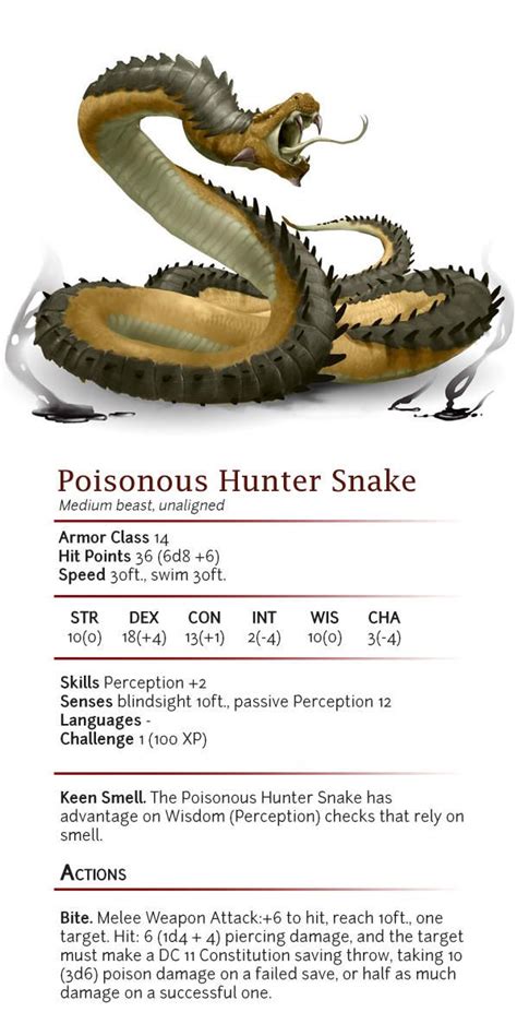 Poisonous Hunter Snake - CR 1 by dizman | dungeons and dragons homebrew ...