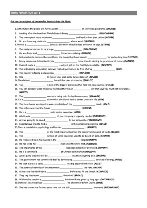 Word Formation Exercises printable pdf download