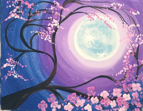 How To Paint A Cherry Blossom Tree With Moon - Step By Step Painting