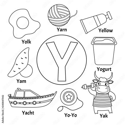 Vector cute kids animal alphabet. Letter Y. Set of cute cartoon illustrations. Coloring page ...