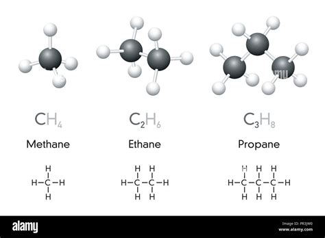 Methane, ethane, propane. Molecule ball-and-stick models and chemical formulas. Organic chemical ...