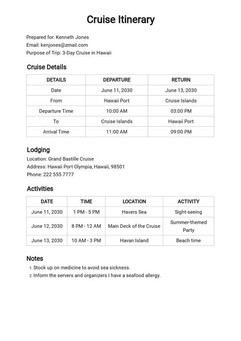 Cruise Ship Itinerary Template