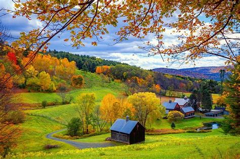 Autumn in countryside, hills, fall, cottages, autumn, grass, houses ...