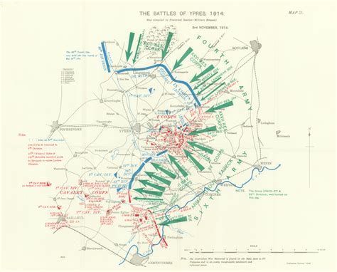 Battle of Ypres 1914. 3rd November, 1914. First World War. 1933 old map