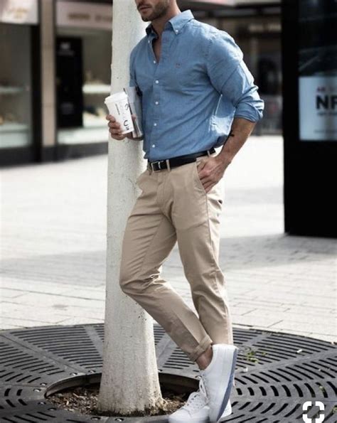 Beige chino, light blue shirt | Shirt outfit men, Blue shirt outfit men, Blue shirt men