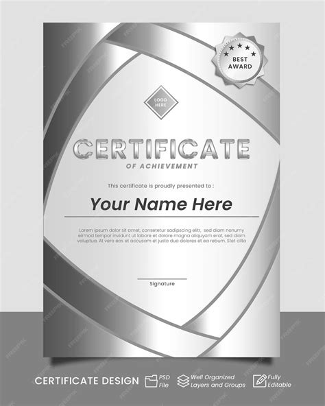 Premium PSD | Luxury silver certificate template portrait a4 size design