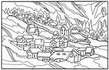 Coloring Book  Lovely Landscapemountains And Village In Winter valley sketch template