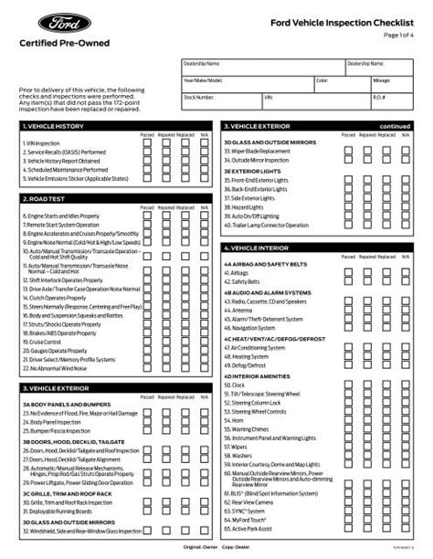 Ford Vehicle inspection checklist