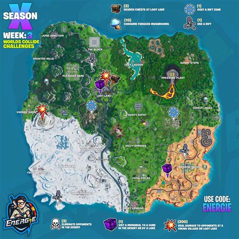 Fortnite Season X/10 Week 3 Worlds Collide Cheat Sheet Challenge Locations Guide Heres a cheat ...