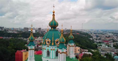 Aerial Top View of Saint Andrew's Church and Andreevska Street From ...