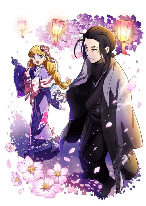 two anime characters standing next to each other with flowers in the foreground and lanterns ...