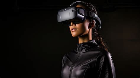 Premium AI Image | A woman wearing a virtual reality headgear with a black leather jacket.