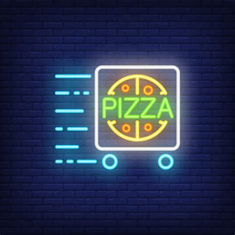 Free Vector | Pizza delivery neon sign with cart in motion. night bright advertisement.