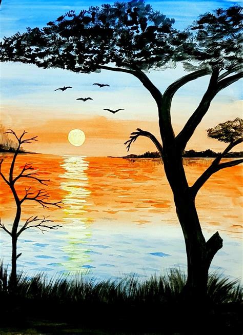 a painting of a sunset with birds flying over the water and trees in the foreground