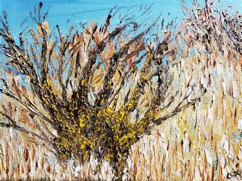 an oil painting of some plants in the middle of a field with blue sky behind it