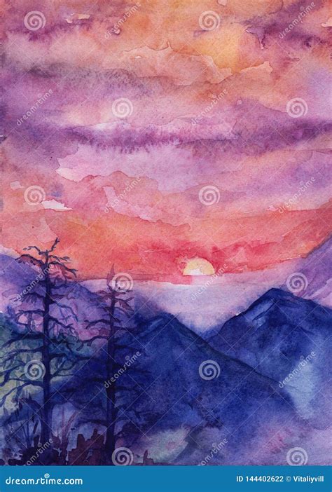 Sunset in the Mountains, Hand Drawn Watercolor Illustration Stock ...